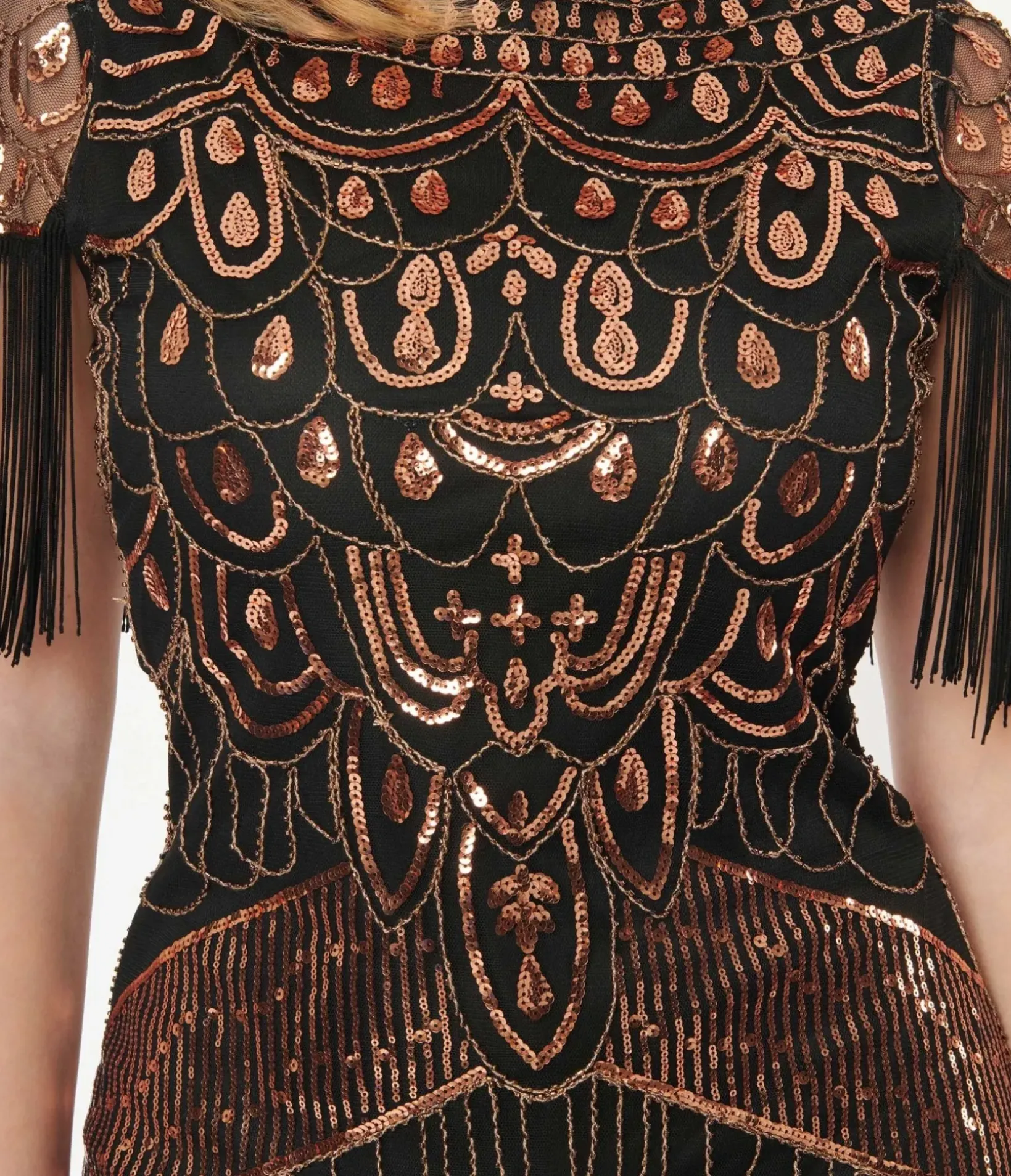 Unique Vintage Everyday Dresses|Special Occasion>1920s Black & Bronze Sequin Sleeved Laure Flapper Dress