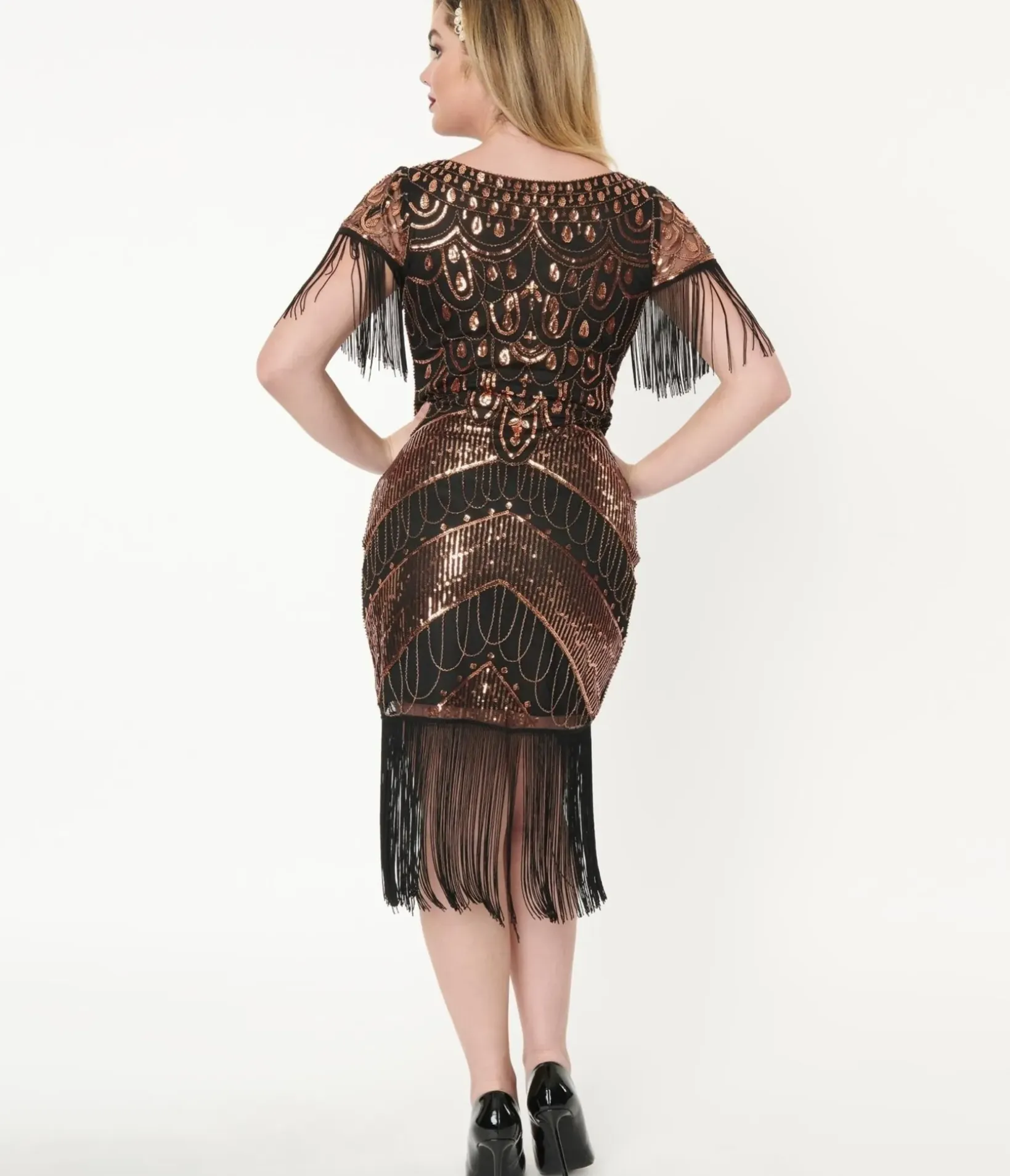 Unique Vintage Everyday Dresses|Special Occasion>1920s Black & Bronze Sequin Sleeved Laure Flapper Dress