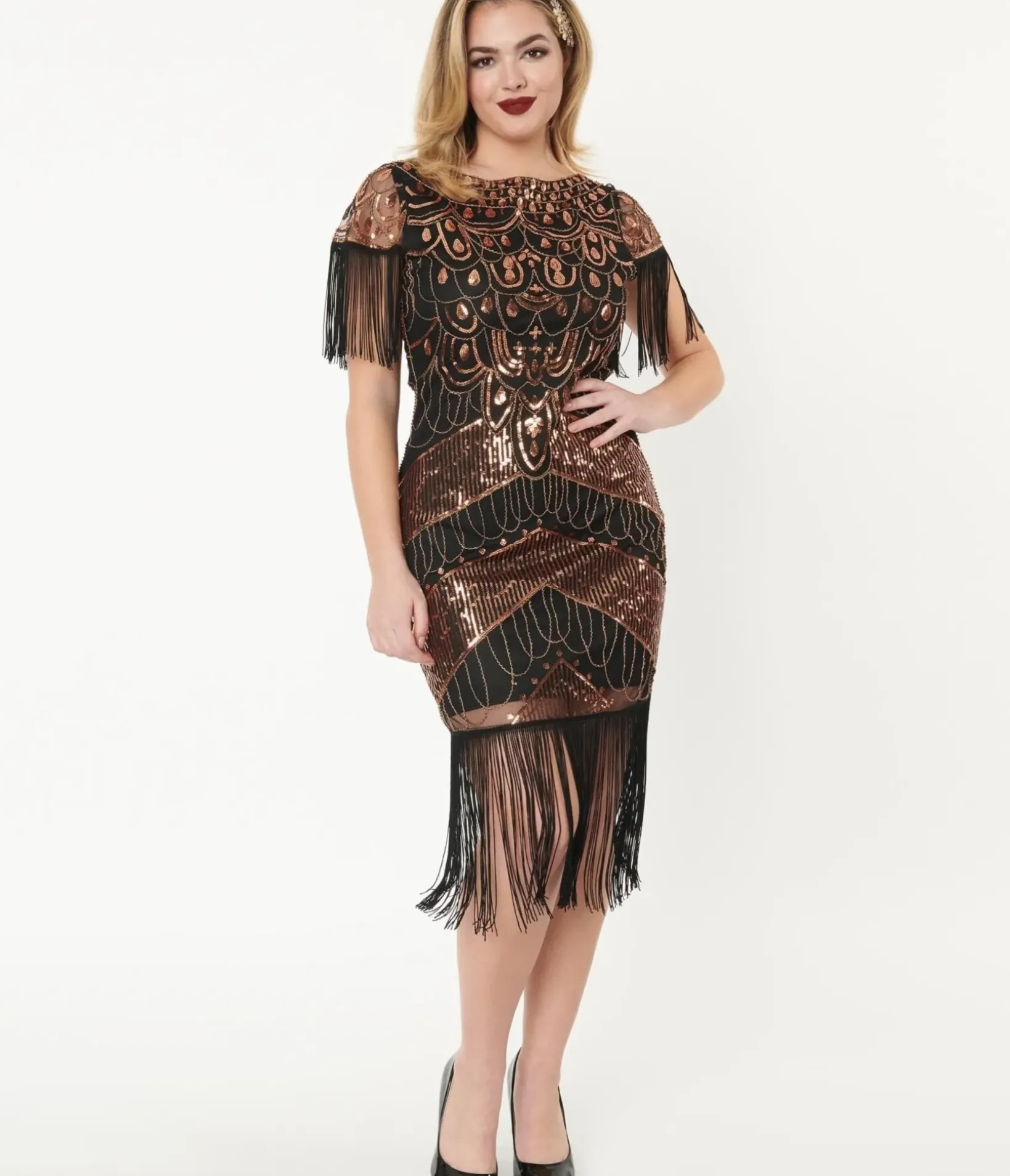Unique Vintage Everyday Dresses|Special Occasion>1920s Black & Bronze Sequin Sleeved Laure Flapper Dress