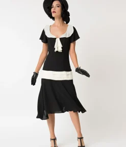 Unique Vintage Everyday Dresses|Special Occasion>1920s Black & Cream Wilshire Flapper Day Dress