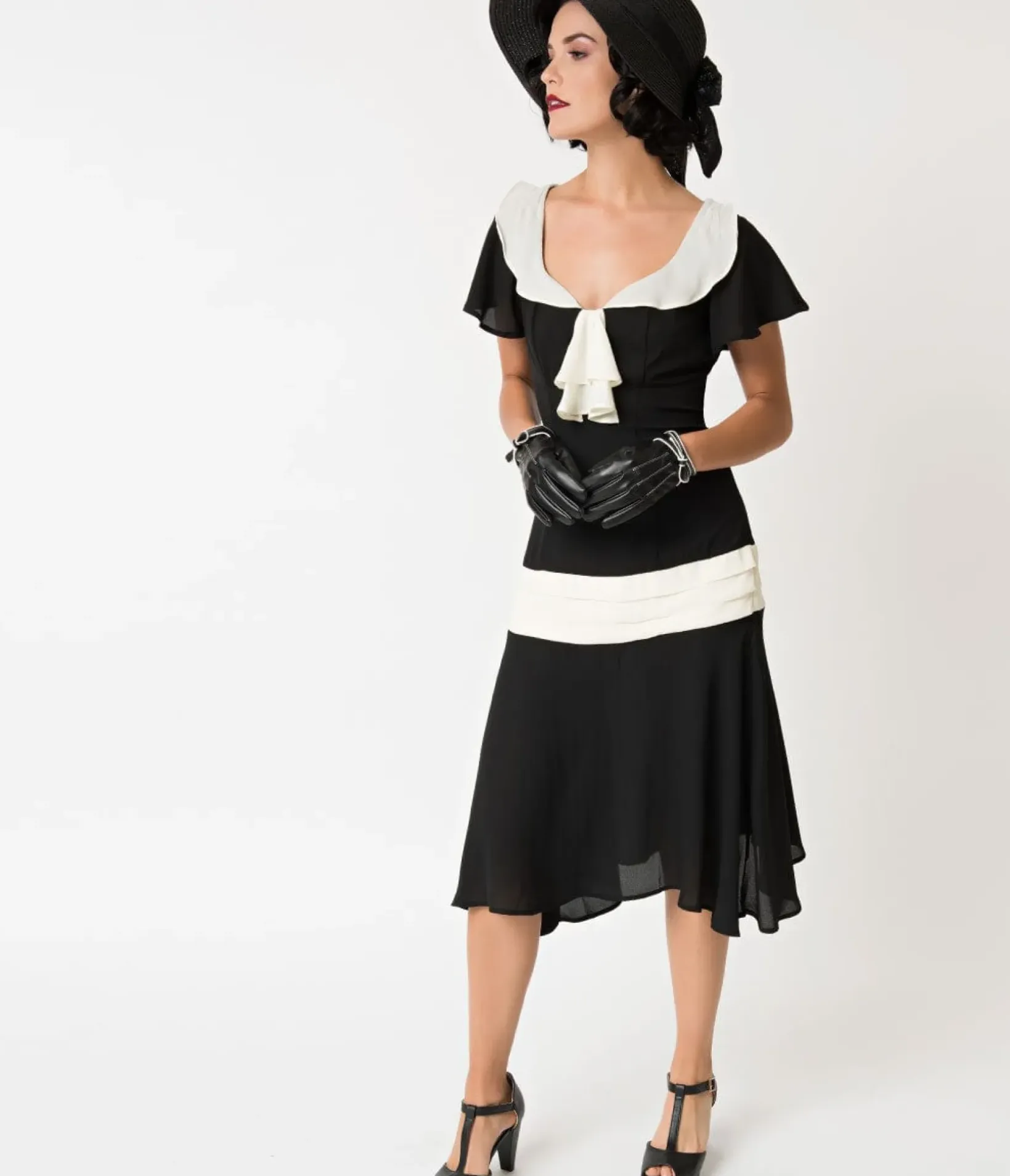 Unique Vintage Everyday Dresses|Special Occasion>1920s Black & Cream Wilshire Flapper Day Dress