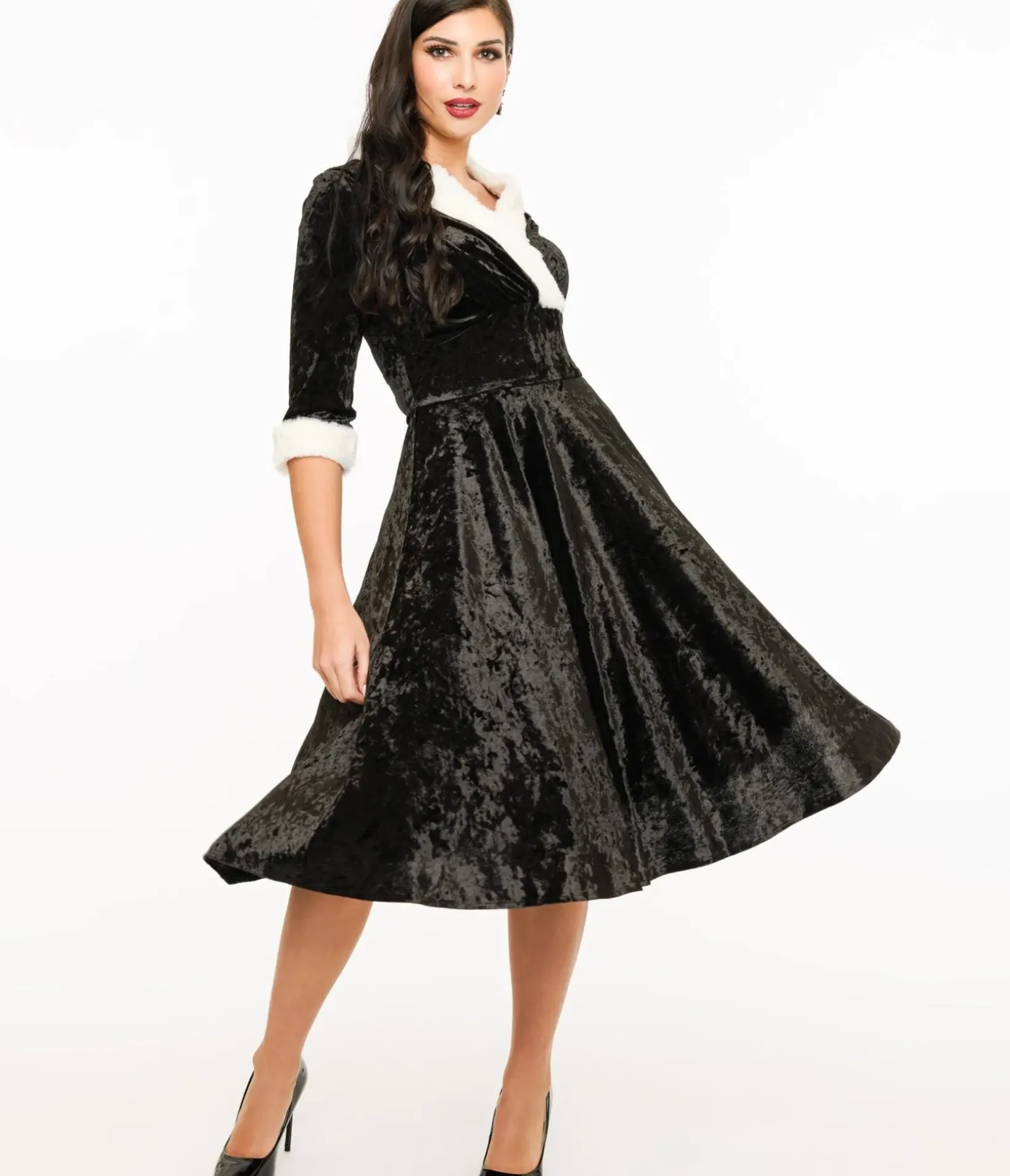 Unique Vintage Swing|Everyday Dresses>1950s Black Crushed Velvet & White Fur Delores Swing Dress
