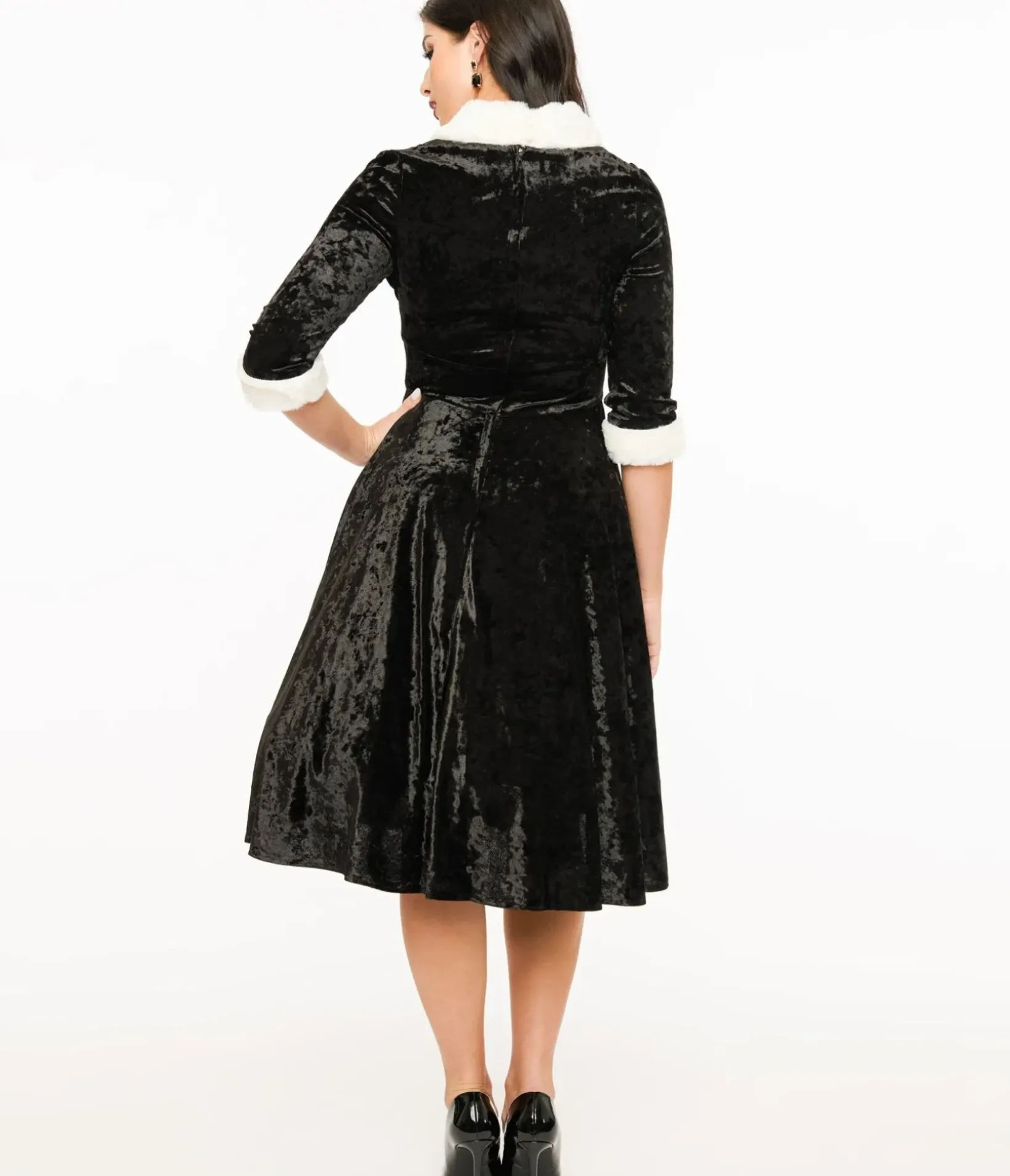 Unique Vintage Swing|Everyday Dresses>1950s Black Crushed Velvet & White Fur Delores Swing Dress