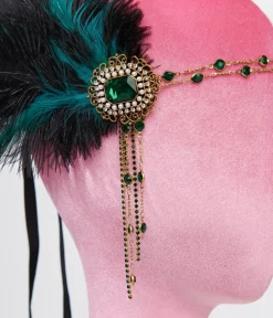Unique Vintage Special Occasion|All Things Black>1920s Black Feather & Emerald Rhinestone Headband