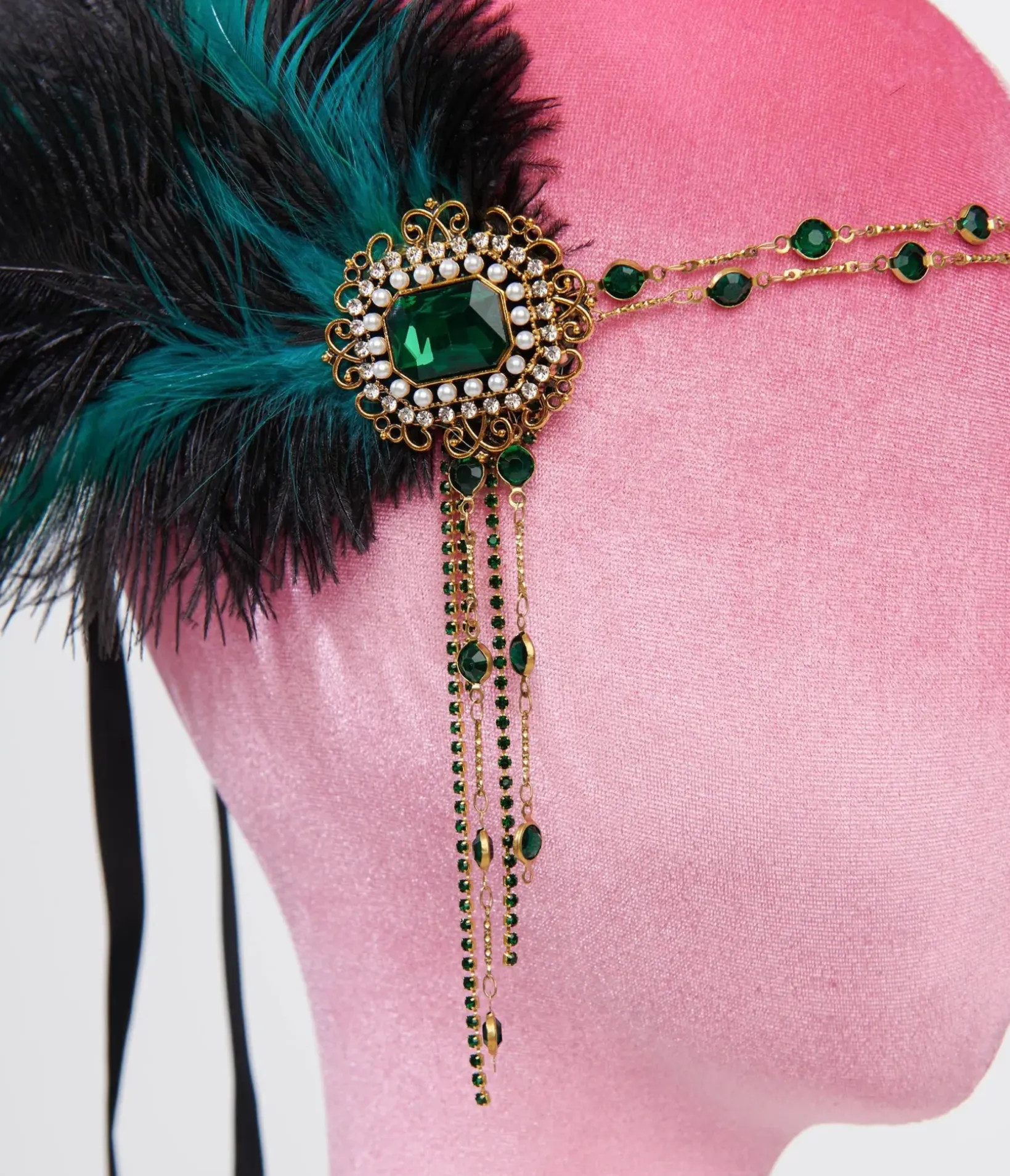 Unique Vintage Special Occasion|All Things Black>1920s Black Feather & Emerald Rhinestone Headband