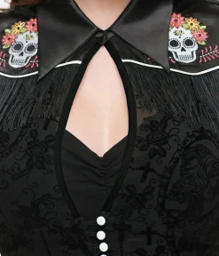 Unique Vintage Halloween>1950s Black Flocked La Caterina Dia De Los Muertos Western Duster