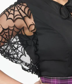 Unique Vintage All Things Black|Halloween>1940s Black Flocked Spiderweb Mesh Cecilia Blouse