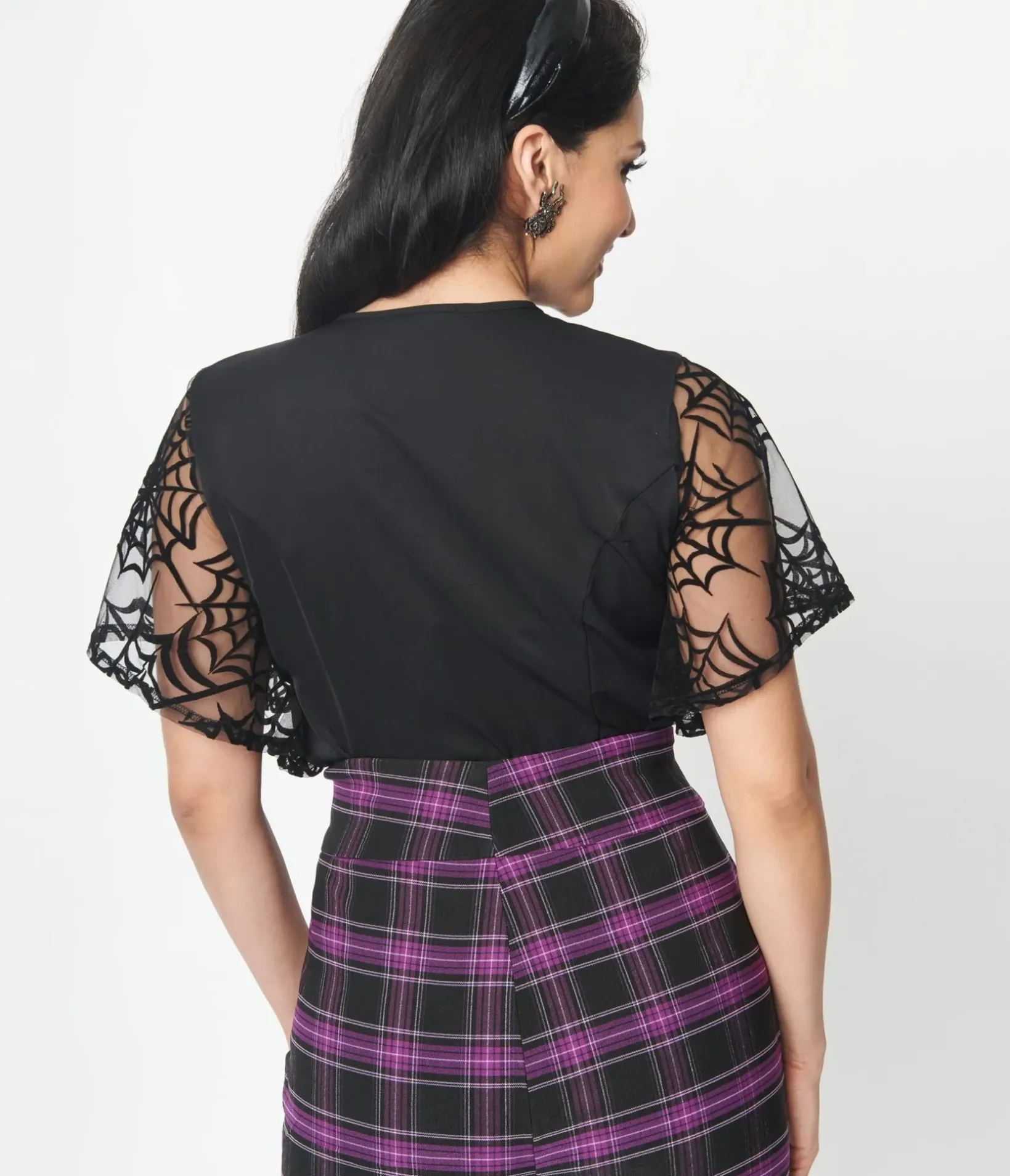Unique Vintage All Things Black|Halloween>1940s Black Flocked Spiderweb Mesh Cecilia Blouse