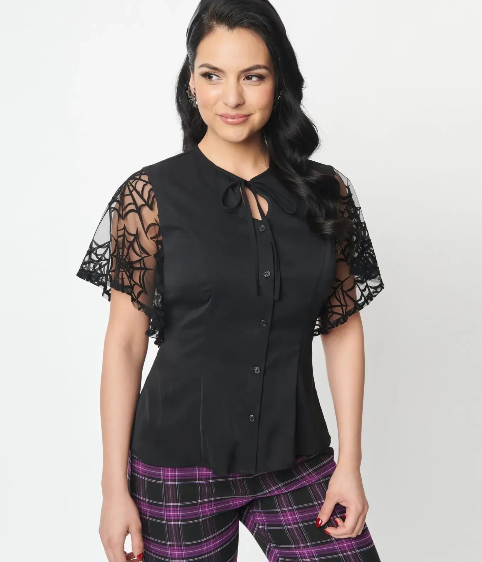 Unique Vintage All Things Black|Halloween>1940s Black Flocked Spiderweb Mesh Cecilia Blouse