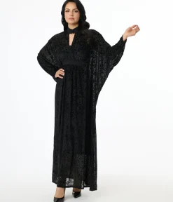 Unique Vintage Maxi|Caftans>1970s Black Floral Burnout Mesh High Neck Caftan