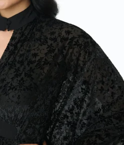 Unique Vintage Maxi|Caftans>1970s Black Floral Burnout Mesh High Neck Caftan