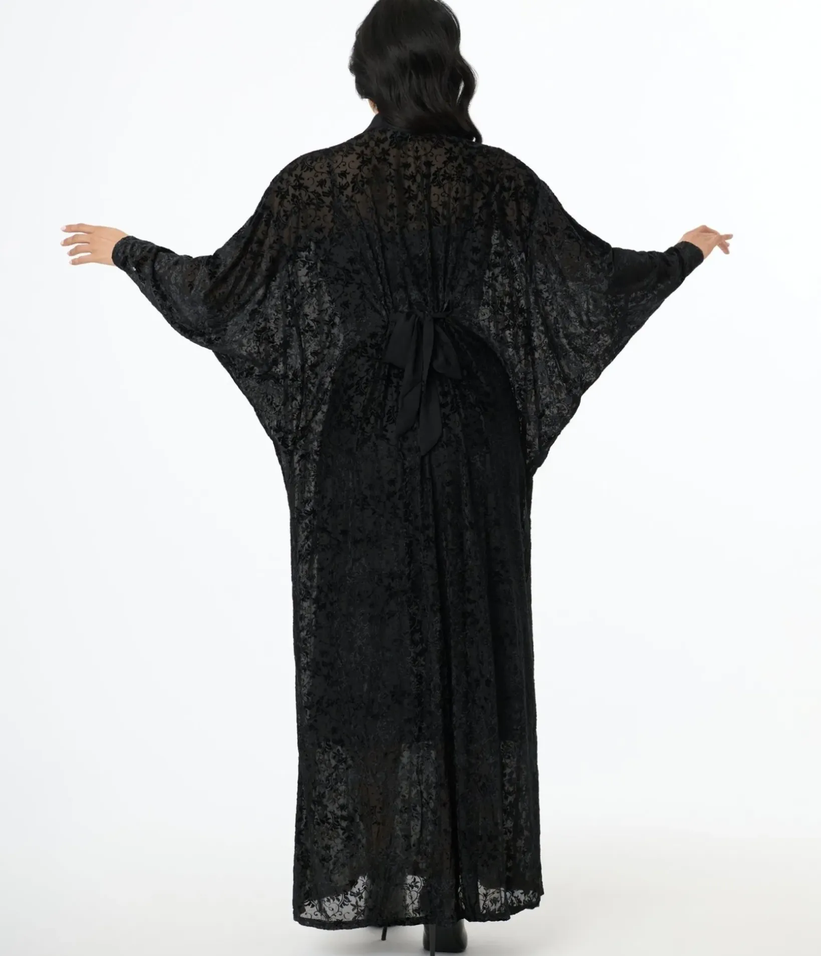 Unique Vintage Maxi|Caftans>1970s Black Floral Burnout Mesh High Neck Caftan