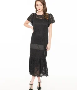 Unique Vintage Midi|Everyday Dresses>1920s Black Floral Lace & Bow Flapper Dress