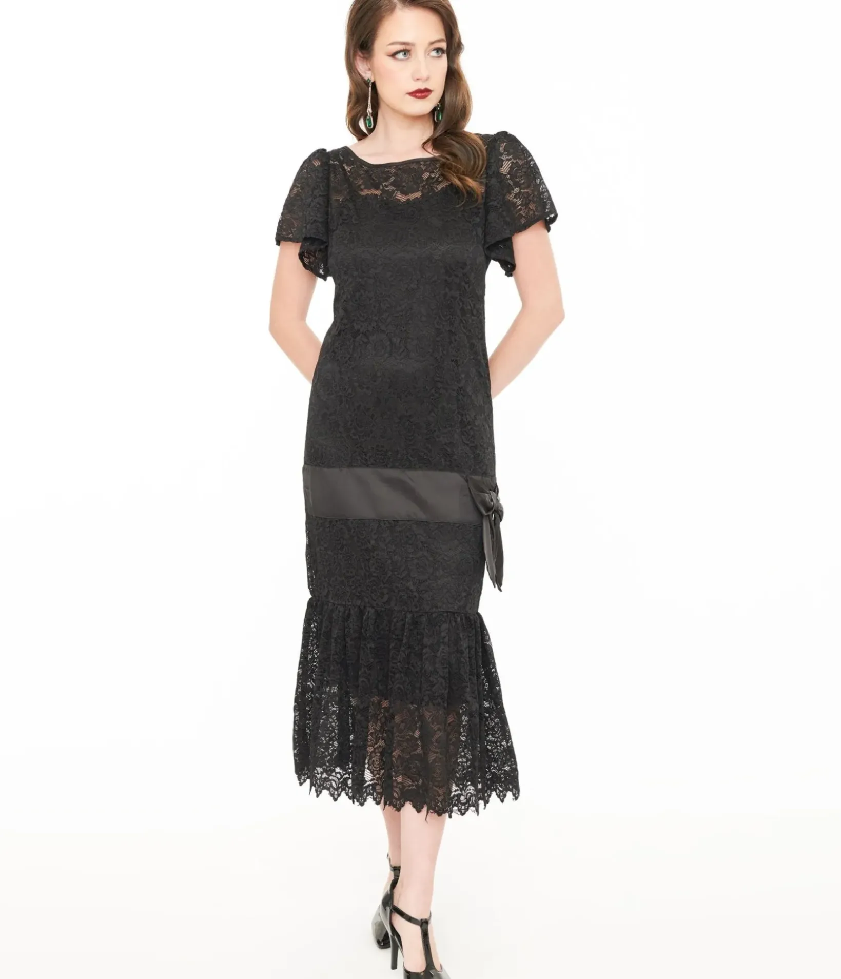 Unique Vintage Midi|Everyday Dresses>1920s Black Floral Lace & Bow Flapper Dress