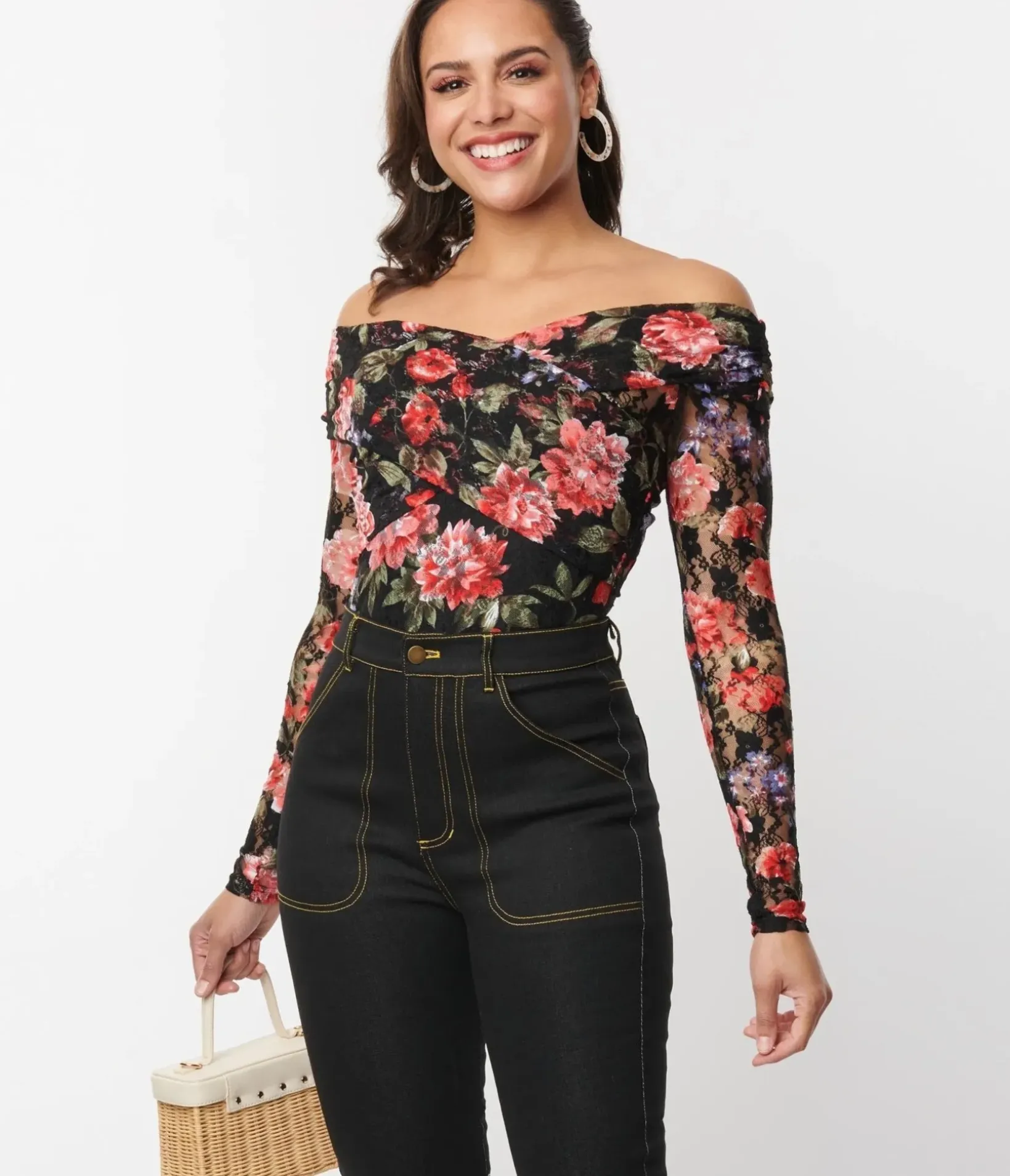 Unique Vintage All Things Black>1940s Black Floral Lace Saturday Night Bodysuit