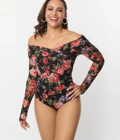 Unique Vintage All Things Black>1940s Black Floral Lace Saturday Night Bodysuit