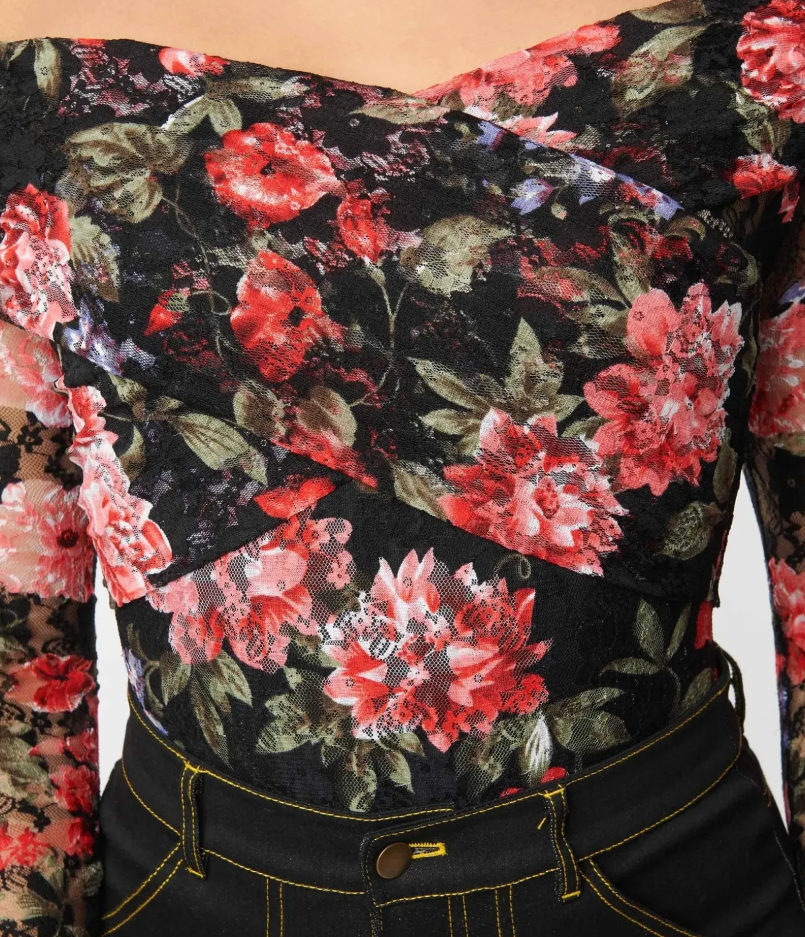 Unique Vintage All Things Black>1940s Black Floral Lace Saturday Night Bodysuit