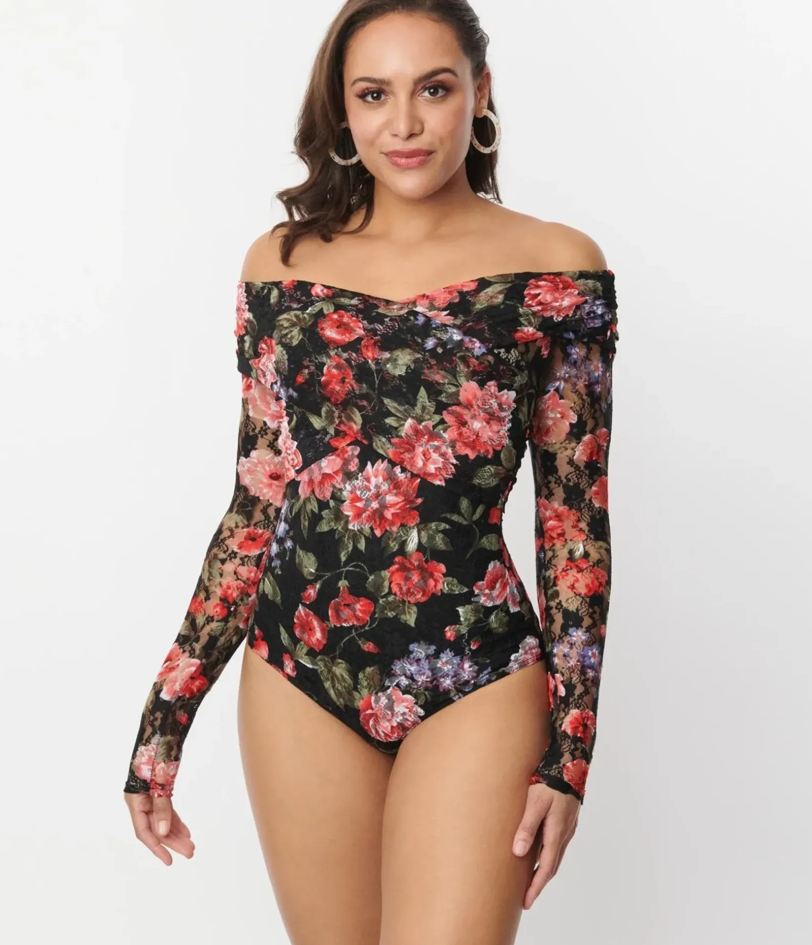 Unique Vintage All Things Black>1940s Black Floral Lace Saturday Night Bodysuit