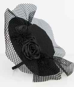 Unique Vintage Special Occasion|All Things Black>1930s Black Floral & Mesh Fascinator