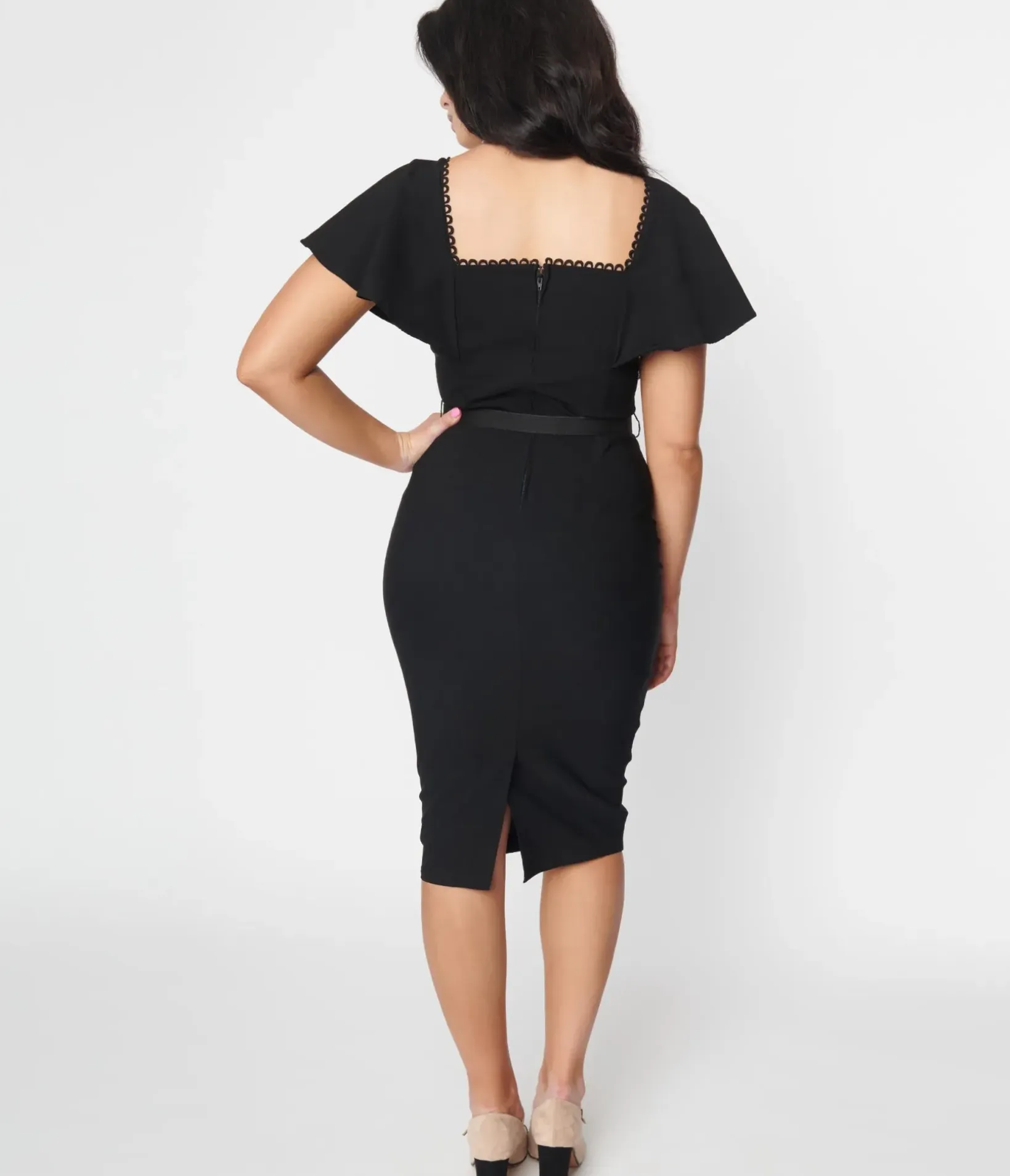 Unique Vintage Pencil|Everyday Dresses>1940s Black Flutter Sleeve Sweetheart Wiggle Dress