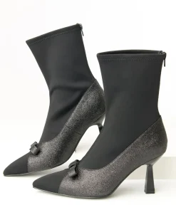 Unique Vintage Boots>1950s Black Glitter Bow Boots