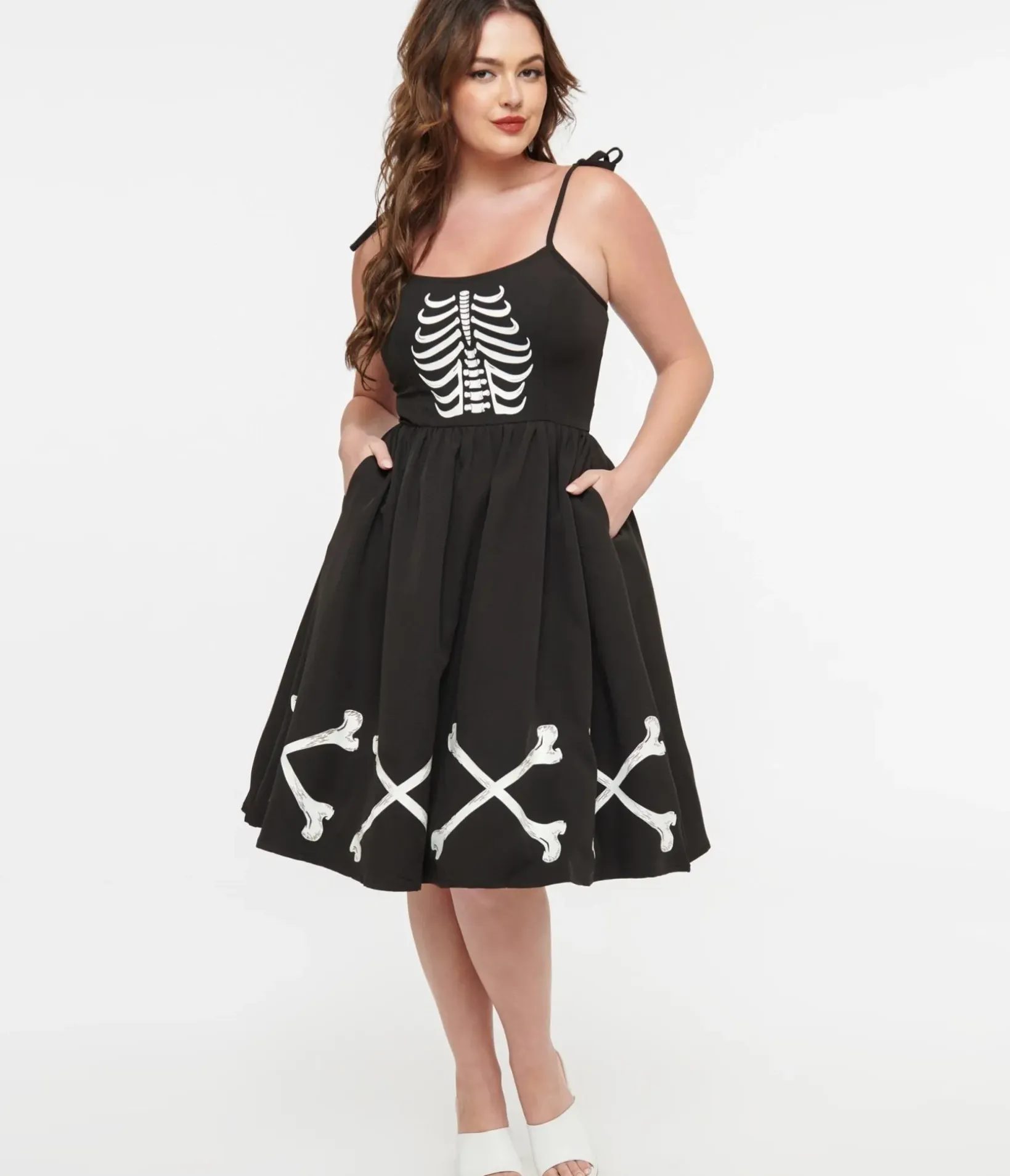 Unique Vintage Swing|Pocket Dresses>1950s Black & Glow in the Dark Skeleton Bobbie Swing Dress