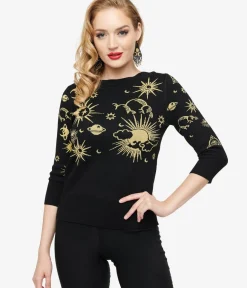 Unique Vintage Sweaters & Cardigans>1950s Black & Gold Celestial Minou Sweater
