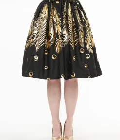 Unique Vintage Skirts>1950s Black & Gold Foil Feather Gellar Swing Skirt