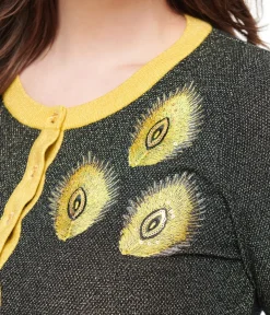 Unique Vintage Sweaters & Cardigans|All Things Black>1950s Black & Gold Peacock Feather Embroidered Bookworm Cardigan