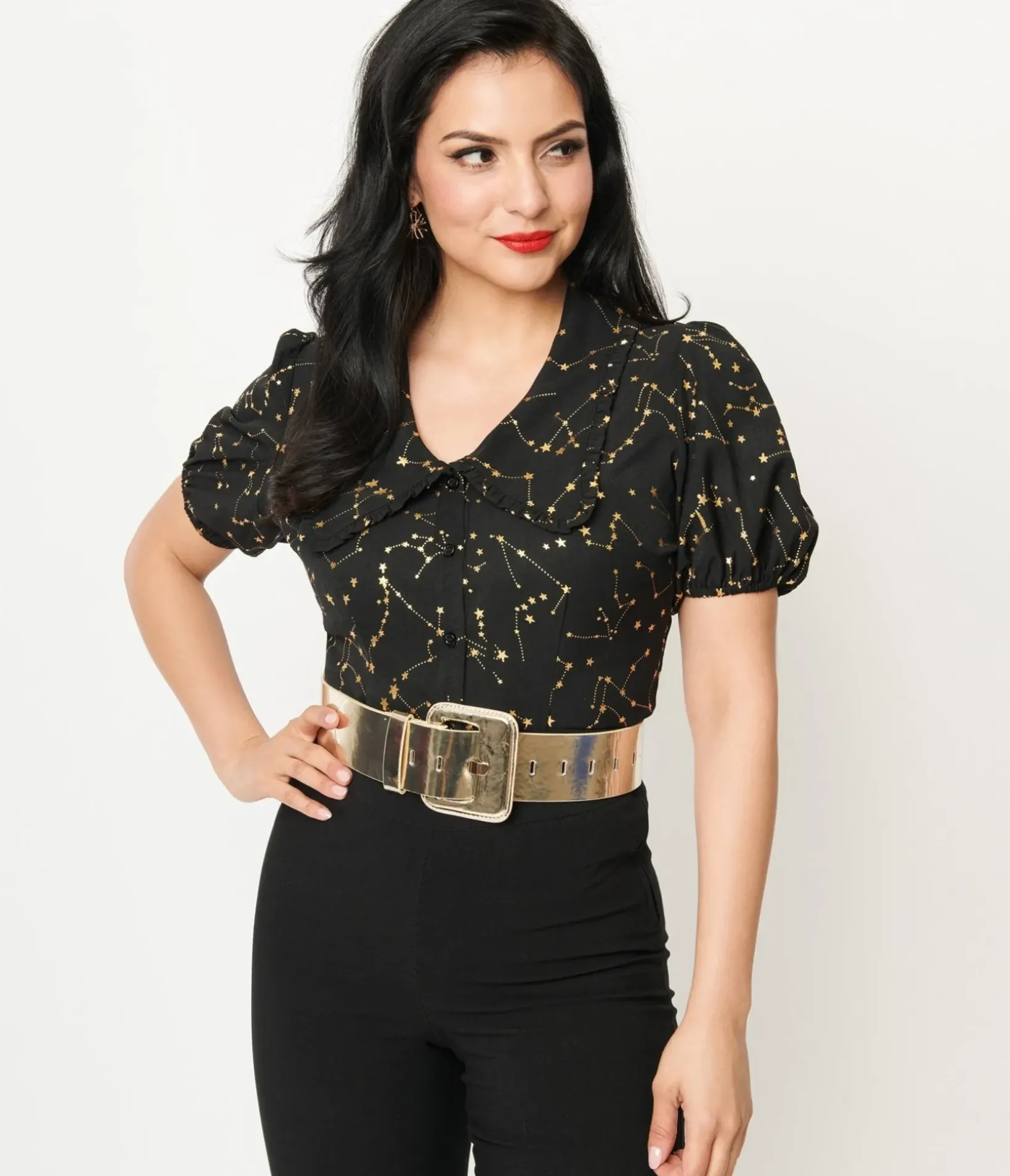 Unique Vintage Blouses|All Things Black>1930s Black & Gold Stars Oversized Collar Blouse