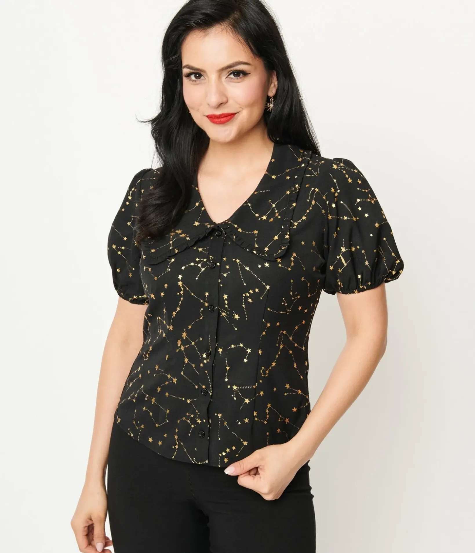 Unique Vintage Blouses|All Things Black>1930s Black & Gold Stars Oversized Collar Blouse