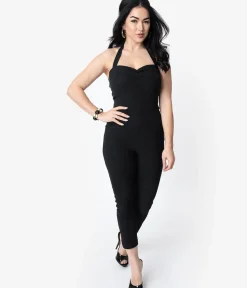 Unique Vintage Rompers & Jumpsuits|All Things Black>1950s Black Halter Marcel Jumpsuit