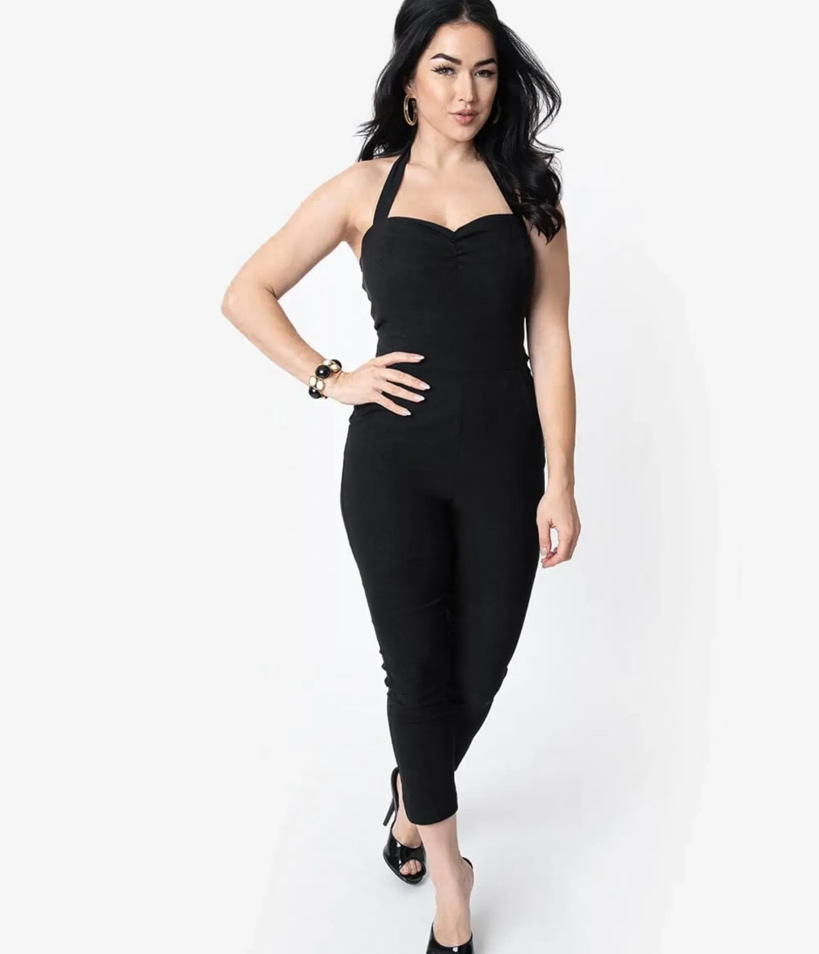 Unique Vintage Rompers & Jumpsuits|All Things Black>1950s Black Halter Marcel Jumpsuit