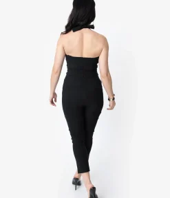Unique Vintage Rompers & Jumpsuits|All Things Black>1950s Black Halter Marcel Jumpsuit