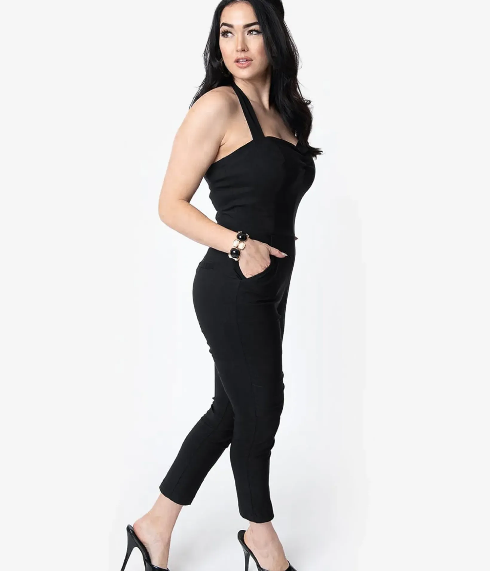 Unique Vintage Rompers & Jumpsuits|All Things Black>1950s Black Halter Marcel Jumpsuit