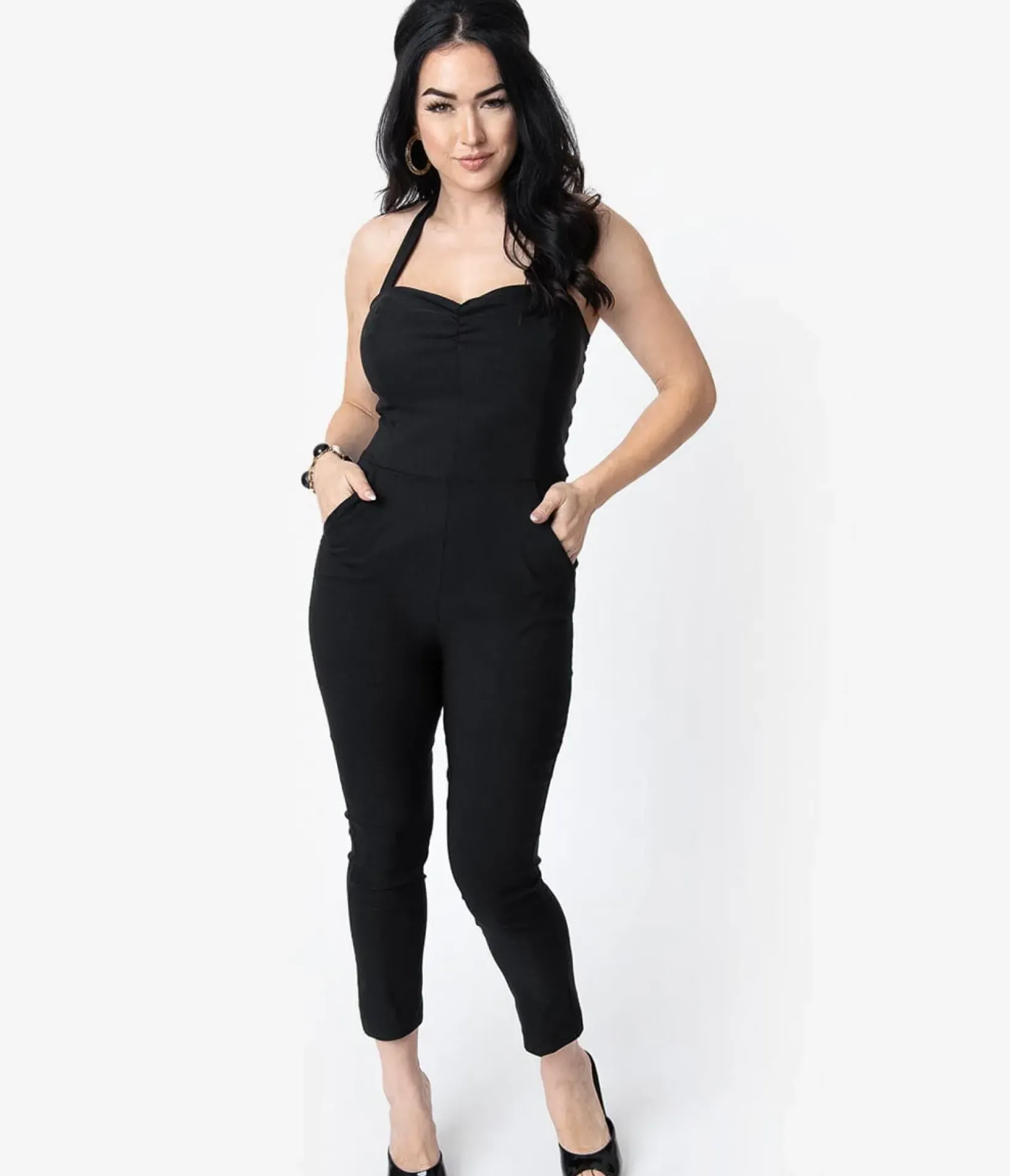 Unique Vintage Rompers & Jumpsuits|All Things Black>1950s Black Halter Marcel Jumpsuit