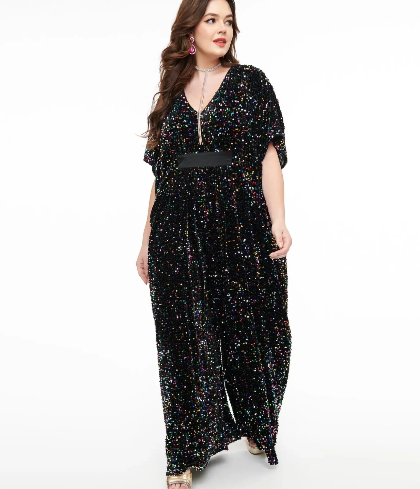 Unique Vintage Caftans|Caftans>1970s Black Iridescent Sequin Caftan Jumpsuit