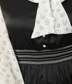 Unique Vintage Everyday Dresses>1970s Black & Ivory Neck Tie Flare Dress