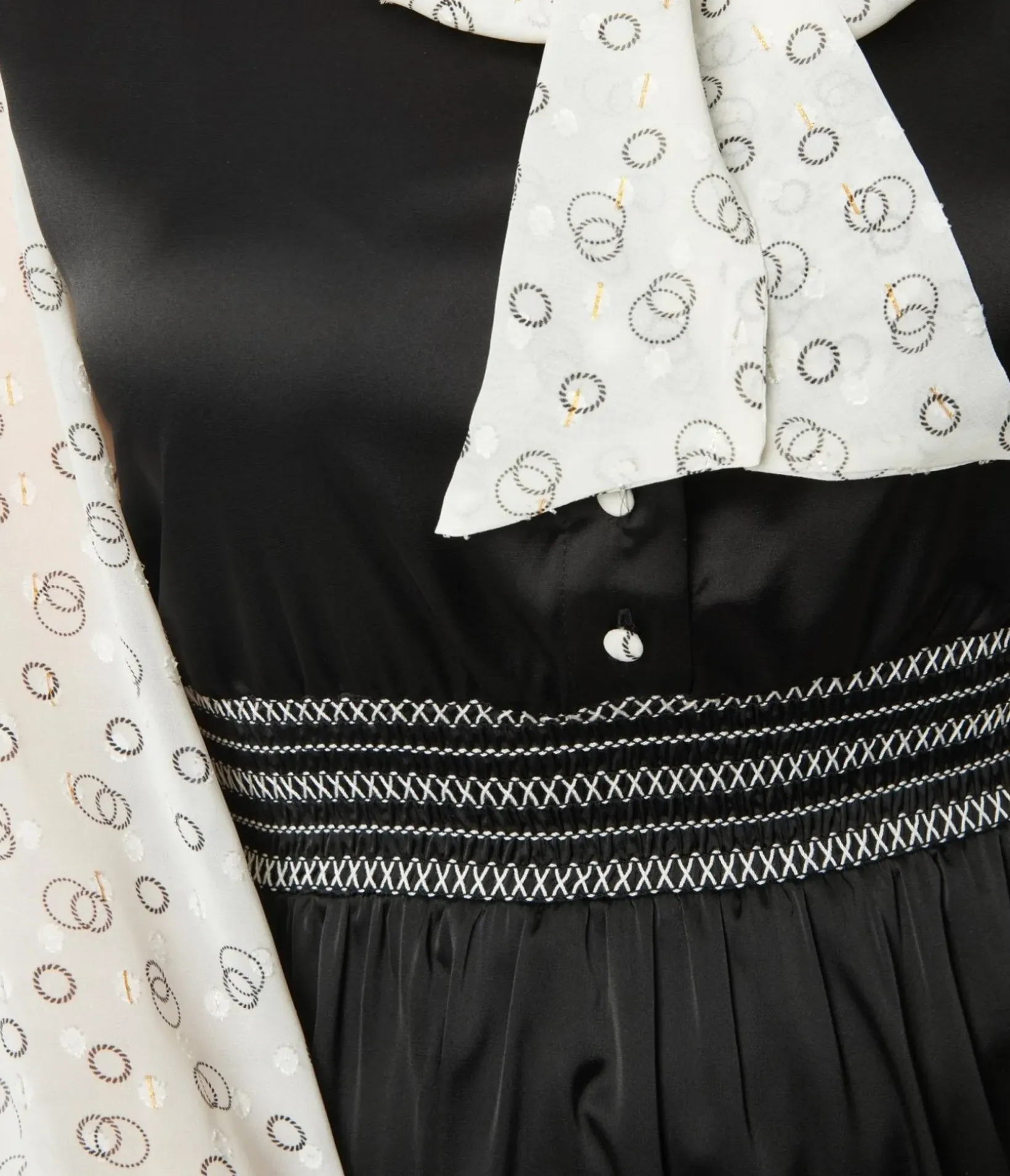 Unique Vintage Everyday Dresses>1970s Black & Ivory Neck Tie Flare Dress
