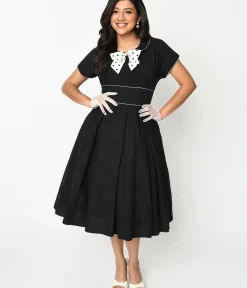 Unique Vintage Swing|Pocket Dresses>1950s Black & Ivory Polka Dot Bow Cotton Swing Dress