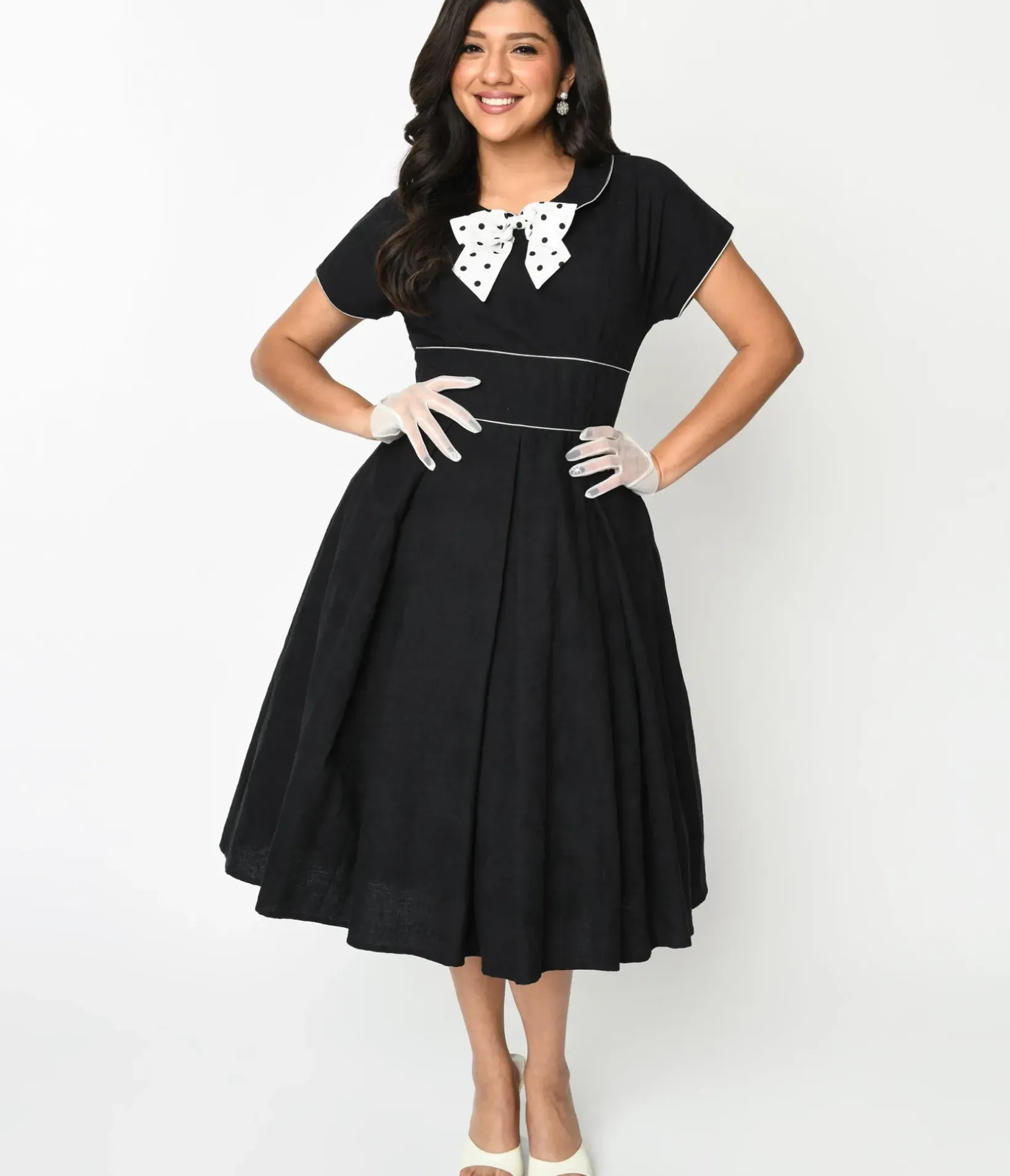 Unique Vintage Swing|Pocket Dresses>1950s Black & Ivory Polka Dot Bow Cotton Swing Dress