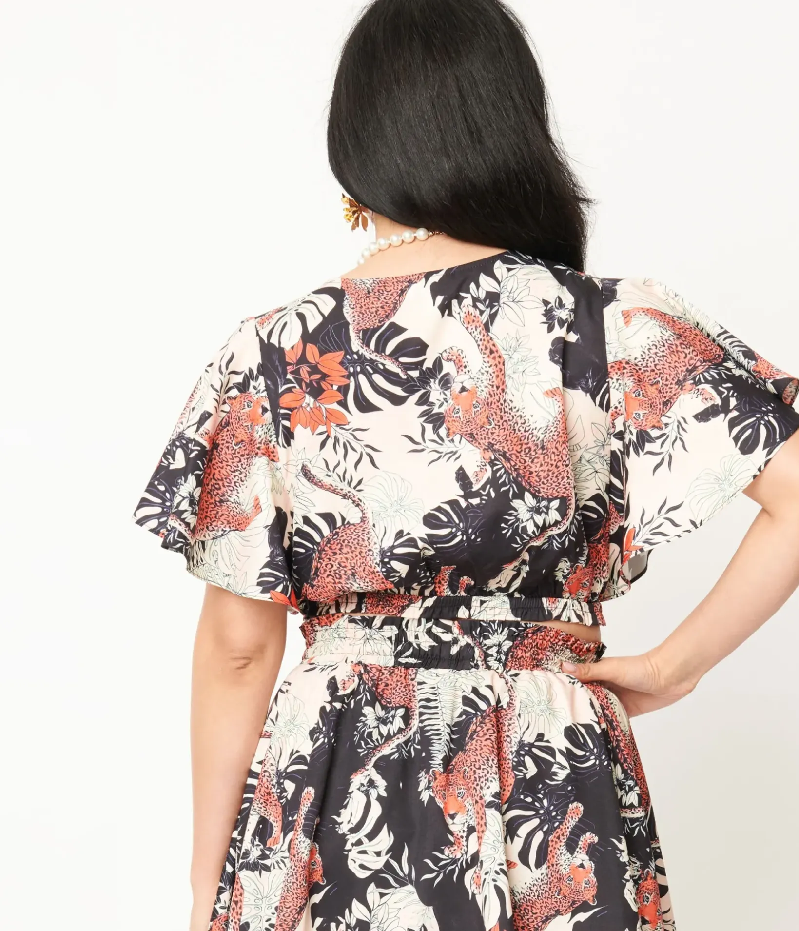 Unique Vintage Blouses|All Things Black>1960s Black Jungle Cat Print Dottie Crop Top