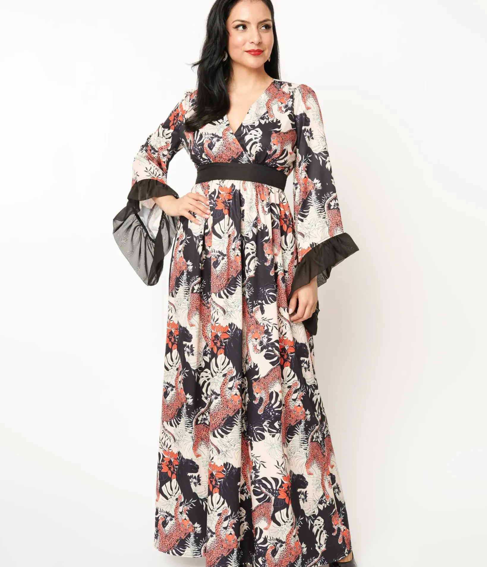 Unique Vintage Maxi|Everyday Dresses>1970s Black Jungle Cat Print Maxi Dress