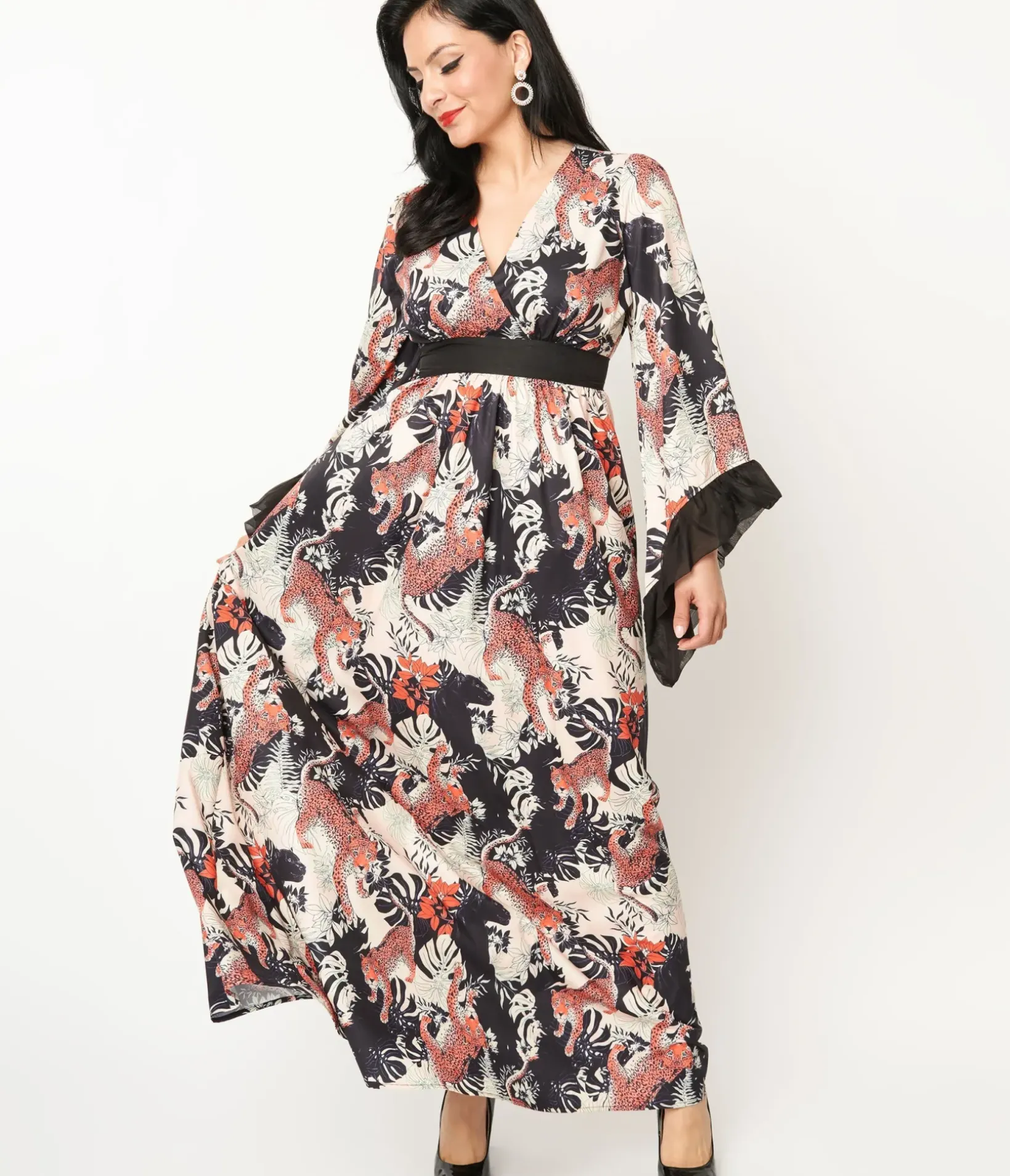 Unique Vintage Maxi|Everyday Dresses>1970s Black Jungle Cat Print Maxi Dress