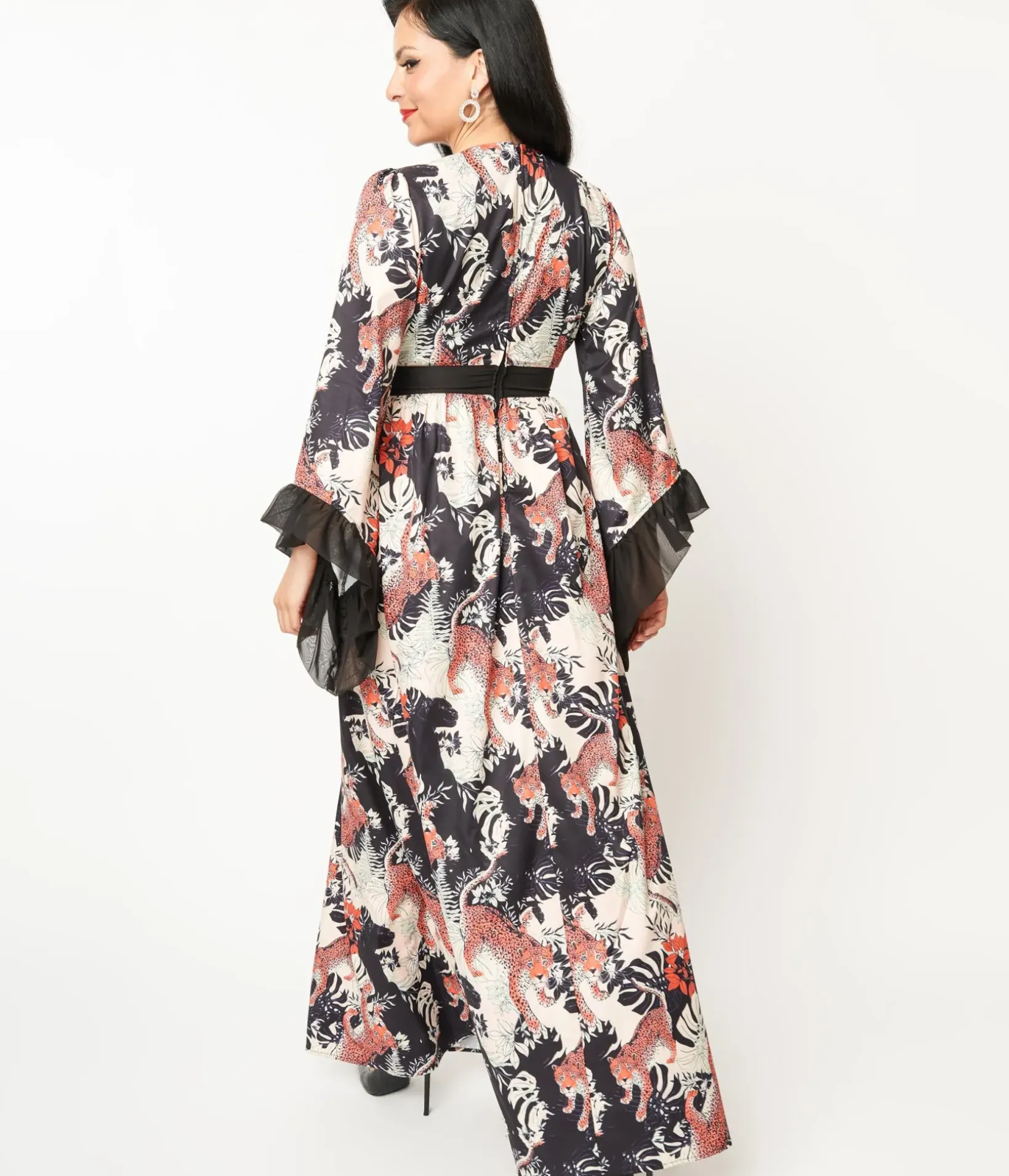 Unique Vintage Maxi|Everyday Dresses>1970s Black Jungle Cat Print Maxi Dress