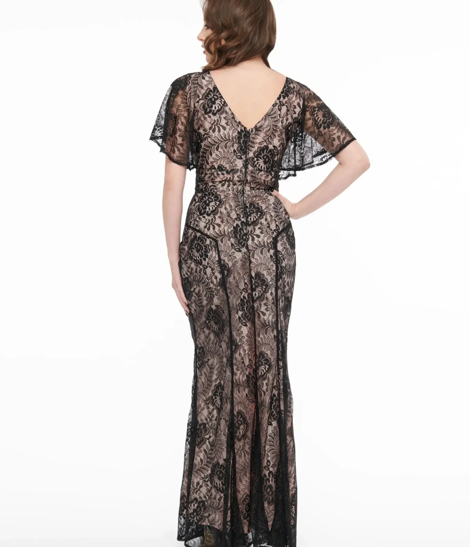 Unique Vintage Everyday Dresses|Special Occasion>1930s Black Lace & Peach Lining Flutter Sleeve Gown