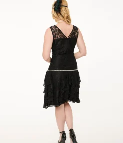 Unique Vintage Everyday Dresses|Special Occasion>1920s Black Lace & Red Flowers Ruffle Flapper Dres
