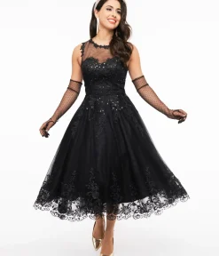 Unique Vintage Swing|Everyday Dresses>1950s Black Lace & Tulle Riviera Dress