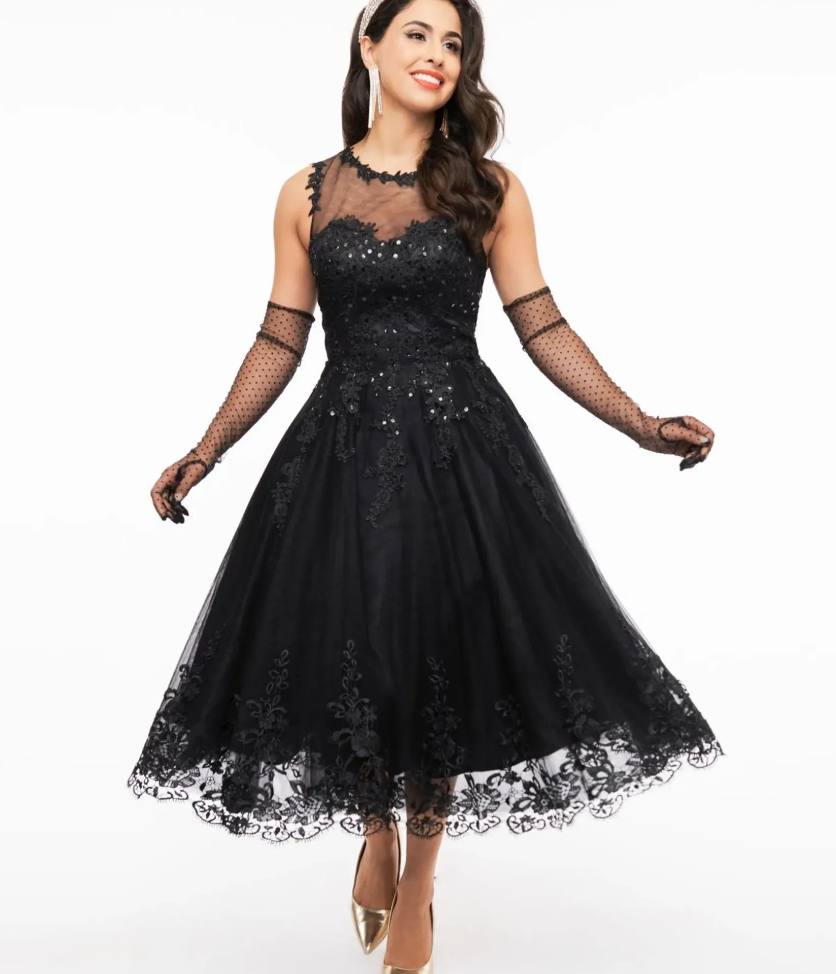 Unique Vintage Swing|Everyday Dresses>1950s Black Lace & Tulle Riviera Dress