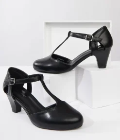 Unique Vintage Special Occasion|Heels>1920s Black Leatherette Closed Toe T-Strap Roxy Pumps